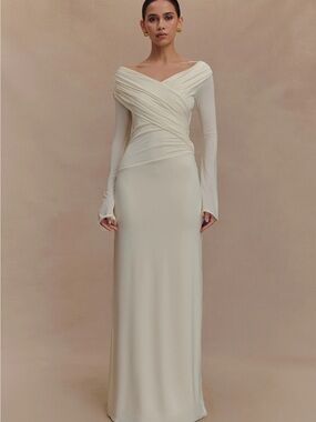 Meshki Cream Draped Off-Shoulder Maxi Dress